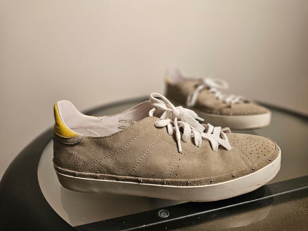 Size 8.5 Rebecca Minkoff Leather Street Sneakers in Olive and Mustard